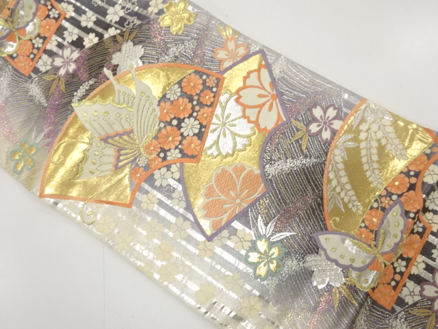 アンティーク　地紙に蝶・桜・菊模様織り出し袋帯（材料）